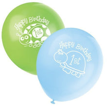 Load image into Gallery viewer, Boys 1st Birthday Turtle Themed Party Supplies for 16 Guests This Ultimate Party Pack Includes Banner, Table Cover, Cups, Luncheon Napkins, Plates, Treat Bags, Invitations, Curling Ribbon, Streamer, and Balloons - This Bundle Includes 108 Pieces!
