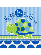 Load image into Gallery viewer, Boys 1st Birthday Turtle Themed Party Supplies for 16 Guests This Ultimate Party Pack Includes Banner, Table Cover, Cups, Luncheon Napkins, Plates, Treat Bags, Invitations, Curling Ribbon, Streamer, and Balloons - This Bundle Includes 108 Pieces!
