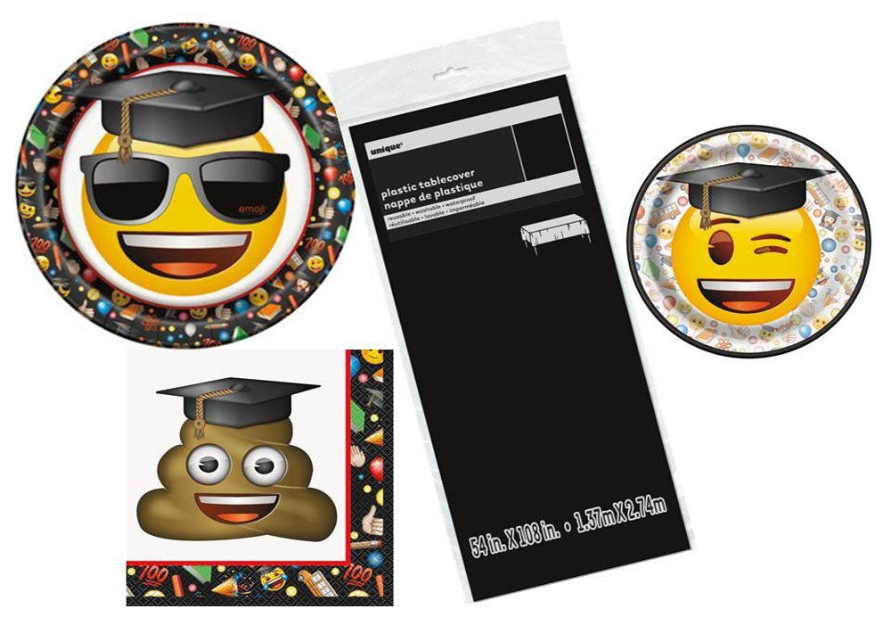 16 Guest Graduation Emoji Design Party Supplies Bundle: Disposable Lunch and Dessert Paper Plates, Napkins, and Tablecover