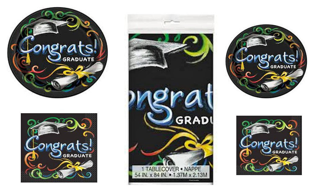 16 Guest Graduation Chalkboard Design Party Supplies Bundle: Disposable Lunch and Dessert Paper Plates, Napkins, and Tablecover