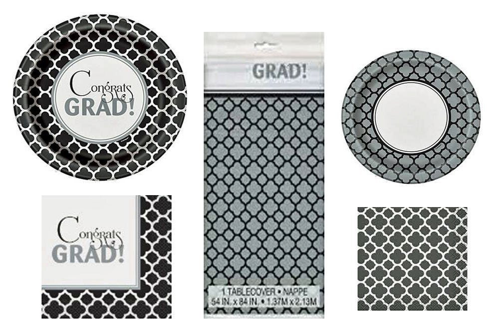 16 Guest Graduation Quatrefoil Design Party Supplies Bundle: Disposable Lunch and Dessert Paper Plates, Napkins, and Tablecover