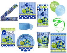 Load image into Gallery viewer, Boys 1st Birthday Turtle Themed Party Supplies for 16 Guests This Ultimate Party Pack Includes Banner, Table Cover, Cups, Luncheon Napkins, Plates, Treat Bags, Invitations, Curling Ribbon, Streamer, and Balloons - This Bundle Includes 108 Pieces!
