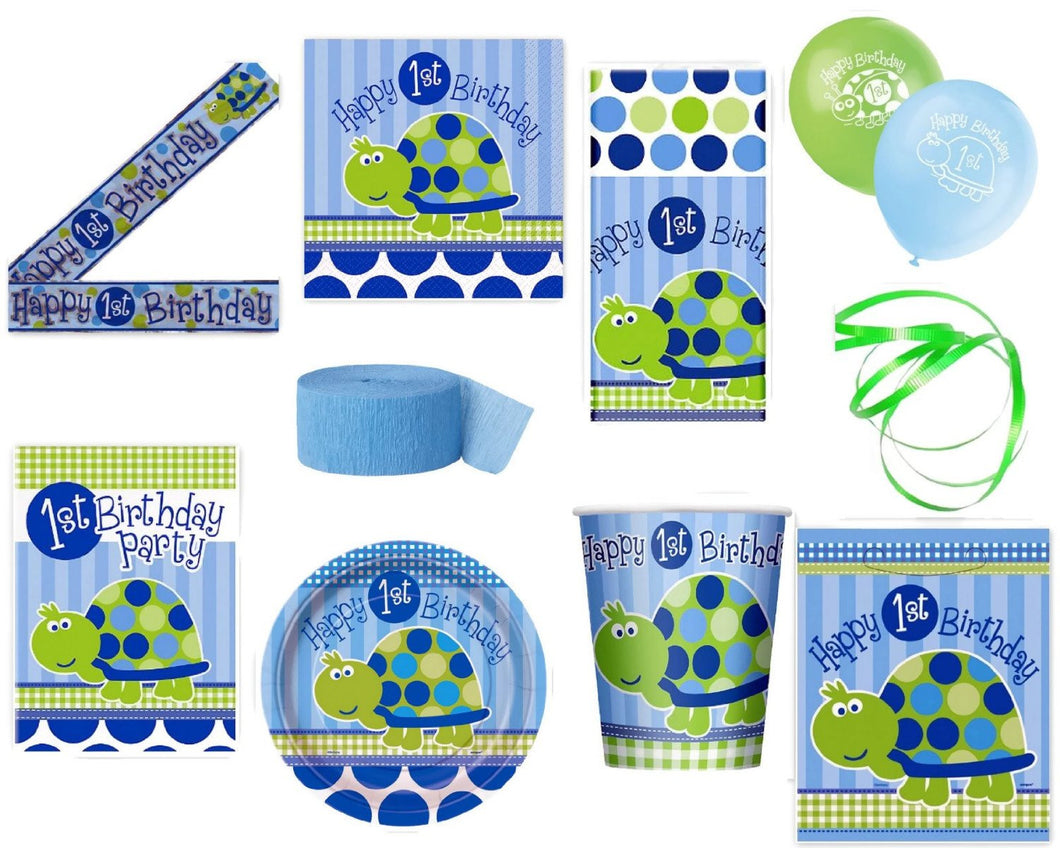 Boys 1st Birthday Turtle Themed Party Supplies for 16 Guests This Ultimate Party Pack Includes Banner, Table Cover, Cups, Luncheon Napkins, Plates, Treat Bags, Invitations, Curling Ribbon, Streamer, and Balloons - This Bundle Includes 108 Pieces!